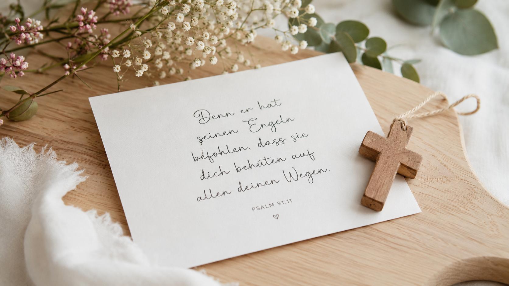 Karte mit biblischem Taufspruch aus Psalm 91,11, Holzkreuz und Blumen als Inspiration für schöne, kurze und moderne Taufsprüche zur Taufe