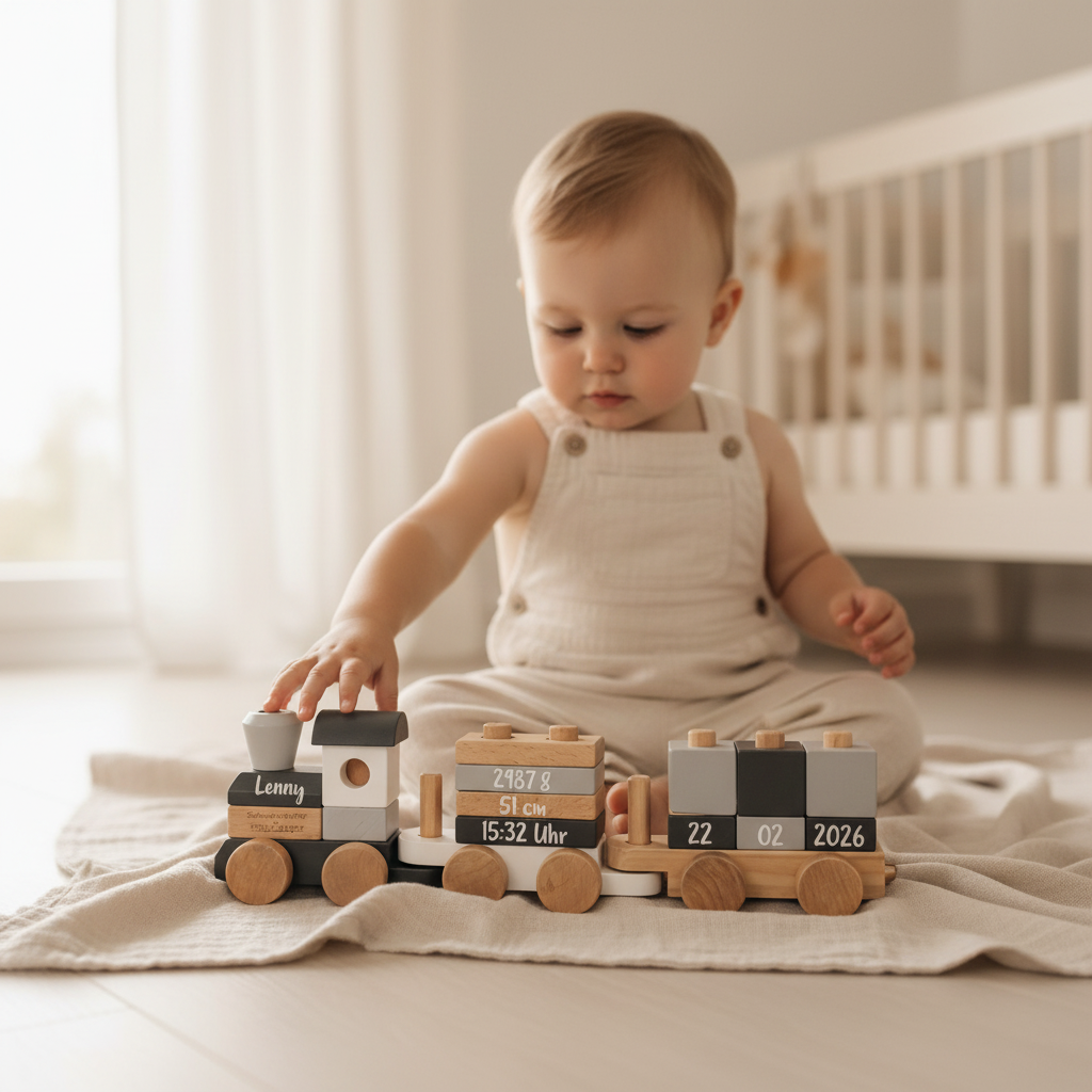 Baby mit personalisiertem Holzzug als Symbol für die Babynamen 2026 und individuelle Geschenkideen zur Geburt.