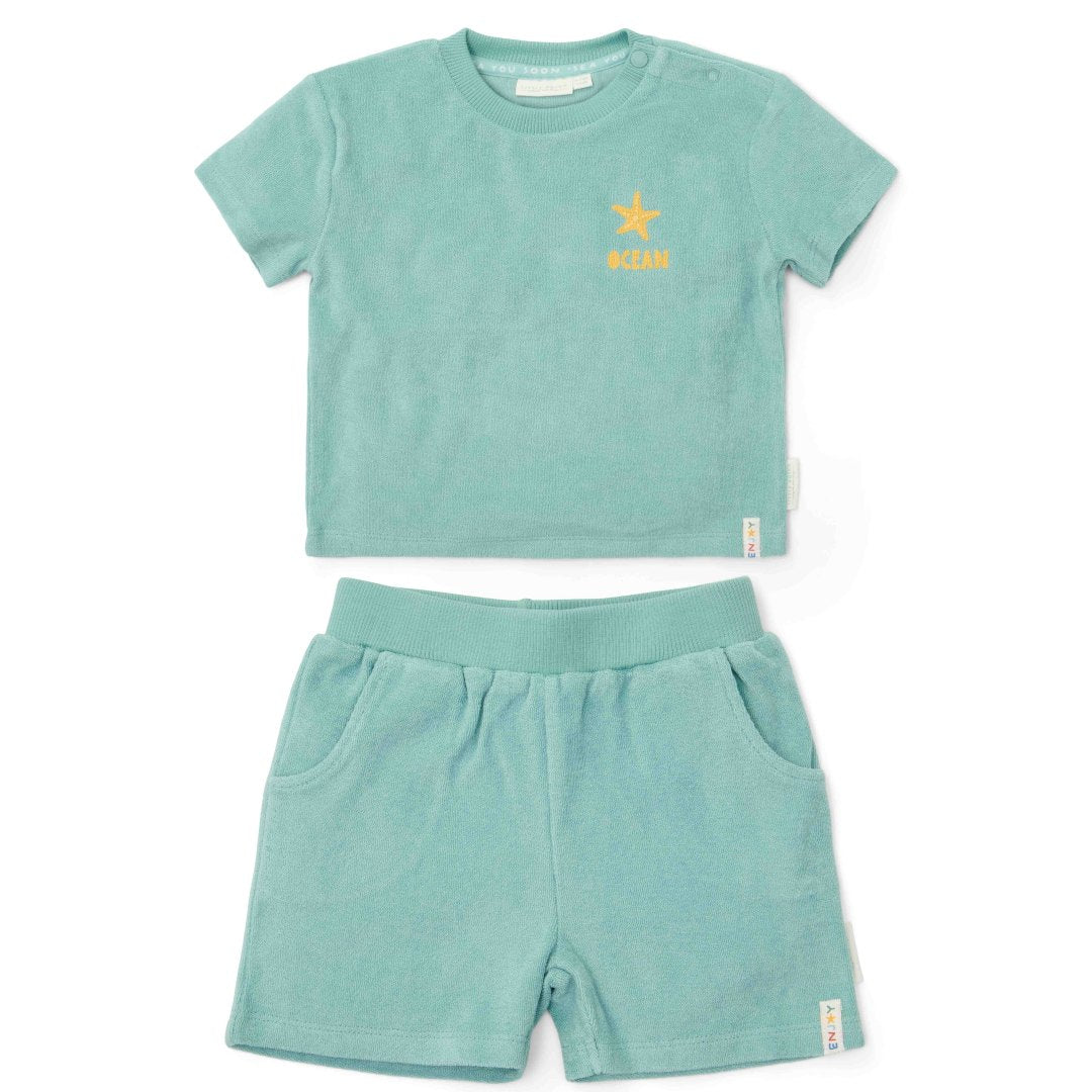 T-shirt et short Coquillages et Rayures Surf Bleu | Little Dutch