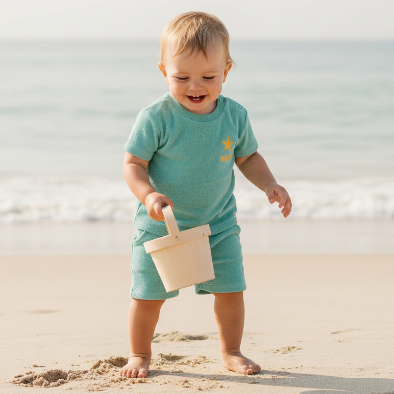 T-shirt et short Coquillages et Rayures Surf Bleu | Little Dutch