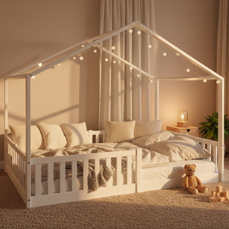Hausbett 140x200 cm als Bodenbett im Kinderzimmer, gemütlich eingerichtet mit Lichterkette und Textilien für entspannten Schlaf