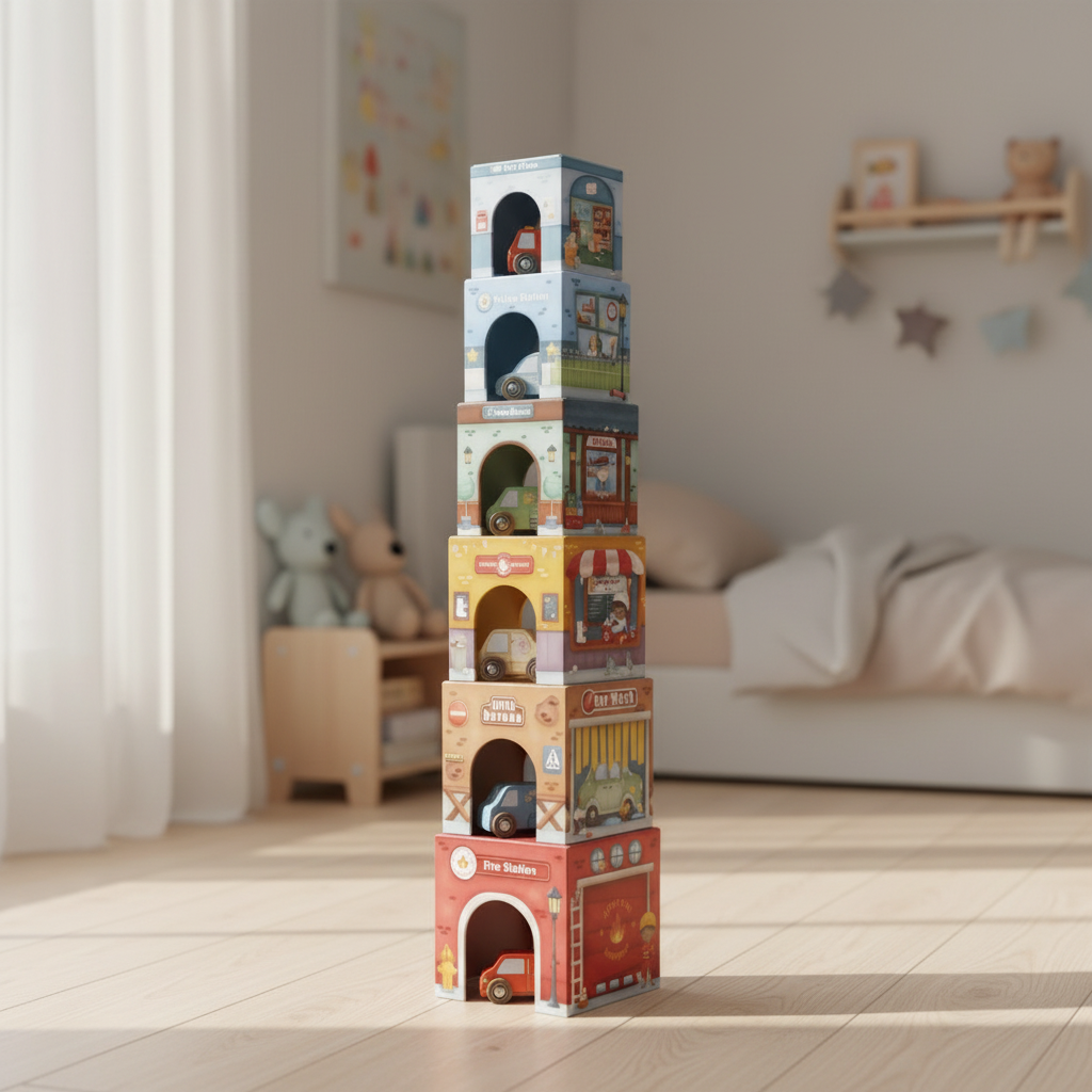 Cubes à empiler avec voitures pour univers de jeux de train en bois | Schmatzepuffer