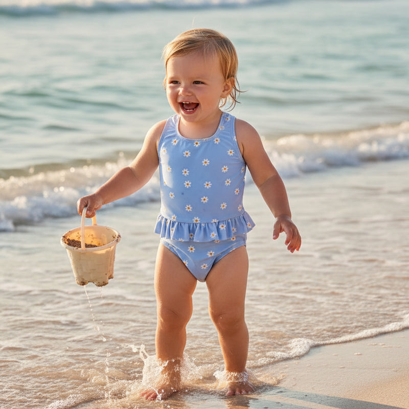 Maillot de bain à volants et marguerites bleu | Little Dutch