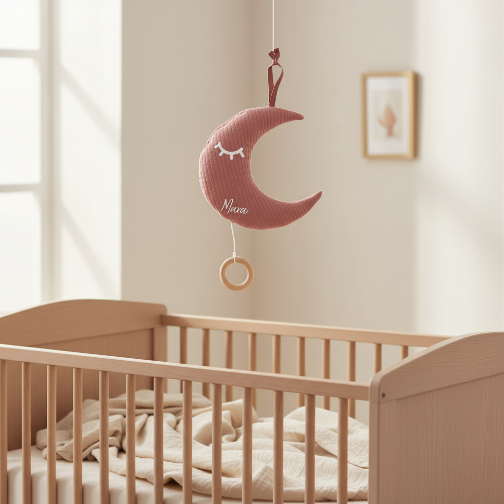 Boîte à Musique Personnalisée Lune avec Prénom – Boîte à Musique Bébé Rose Ancien avec Mélodie