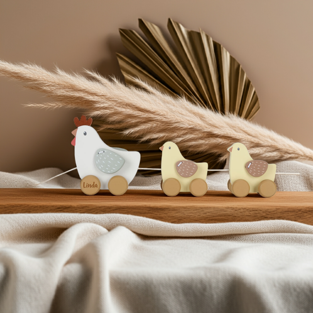 Animal à traîner en bois personnalisé poule avec prénom | Cadeau pour enfants