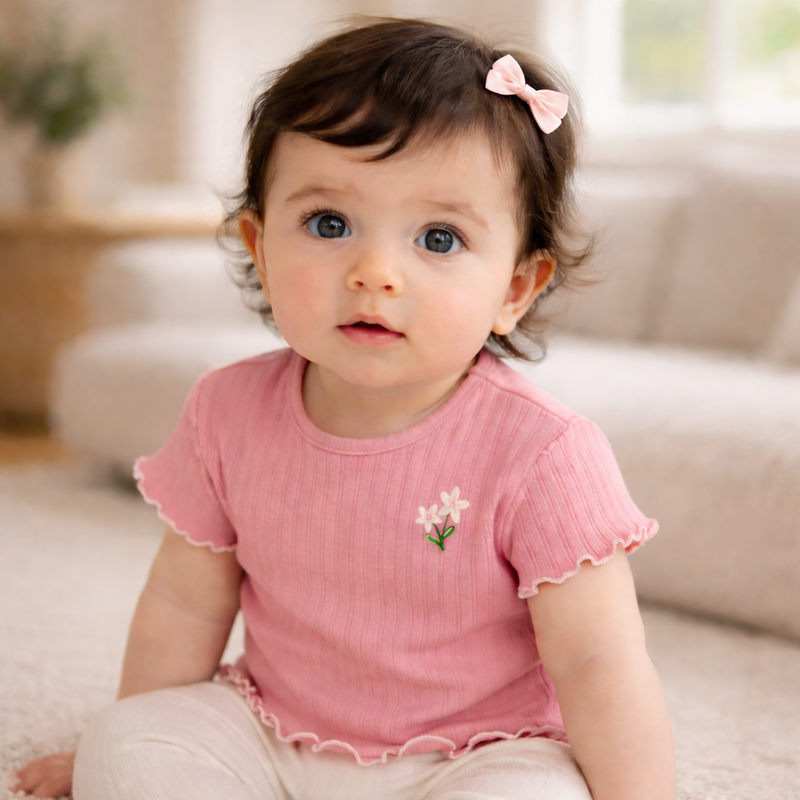 Baby Mädchen mit blauen Augen und dunklen Haaren trägt rosa geripptes Shirt mit Blumenstickerei und Schleife im Haar in hellem Wohnraum bei natürlichem Licht