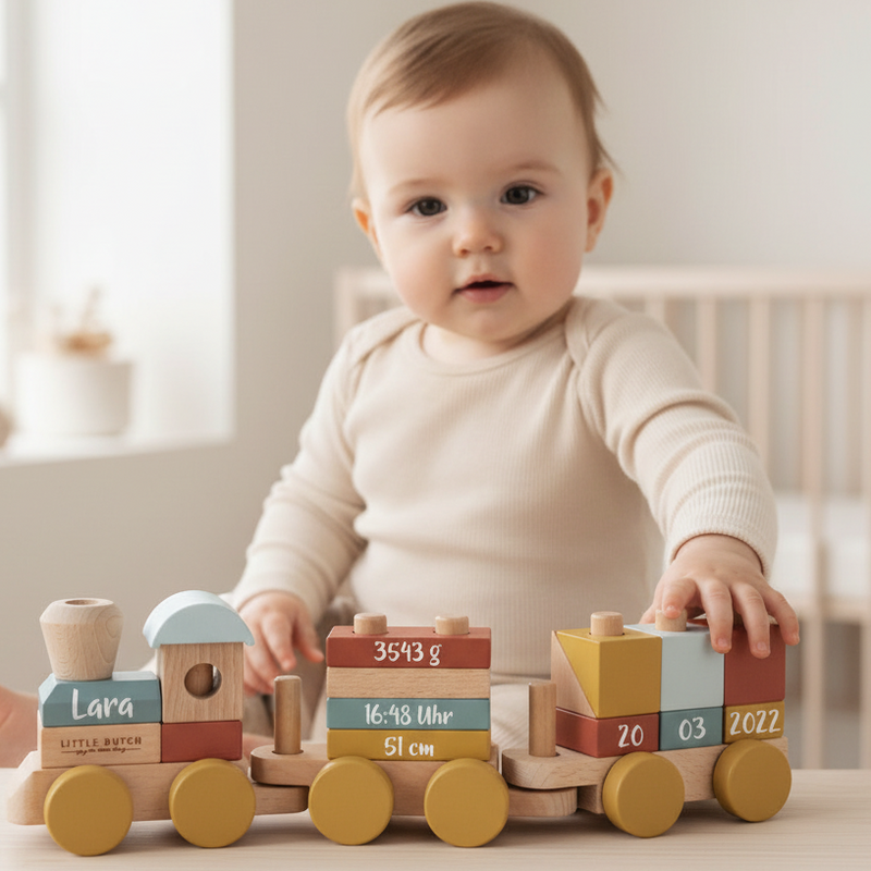 Baby mit personalisiertem Holzzug zur Geburt mit Name, Geburtsdatum, Uhrzeit, Gewicht und Größe