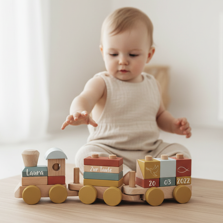 Baby mit personalisiertem Holzzug zur Taufe mit Name, Taufdatum und Schriftzug Zur Taufe als individuelles Taufgeschenk aus Holz