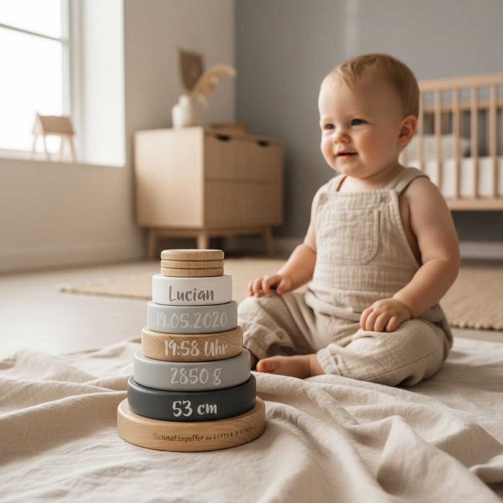 Baby sitzt im hellen Kinderzimmer neben einem personalisierten Holz-Stapelturm der Schmatzepuffer-Edition, einem hochwertigen Babyspielzeug mit Namen und Geburtsdaten, das zugleich als besonderes Geschenk zur Geburt und als liebevolle Erinnerung dient.