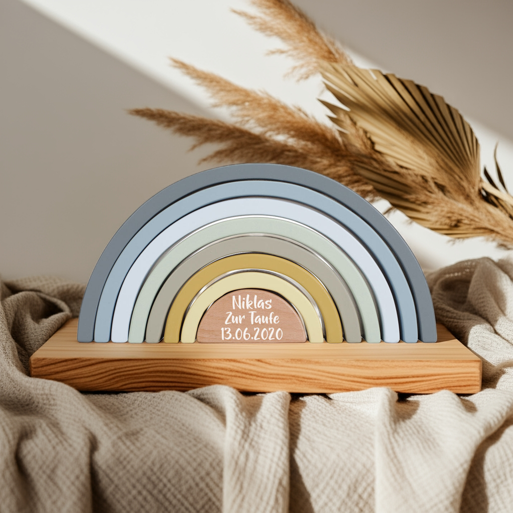 Tour de pile arc-en-ciel bleue personnalisée pour baptême – Cadeau en bois | Schmatzepuffer