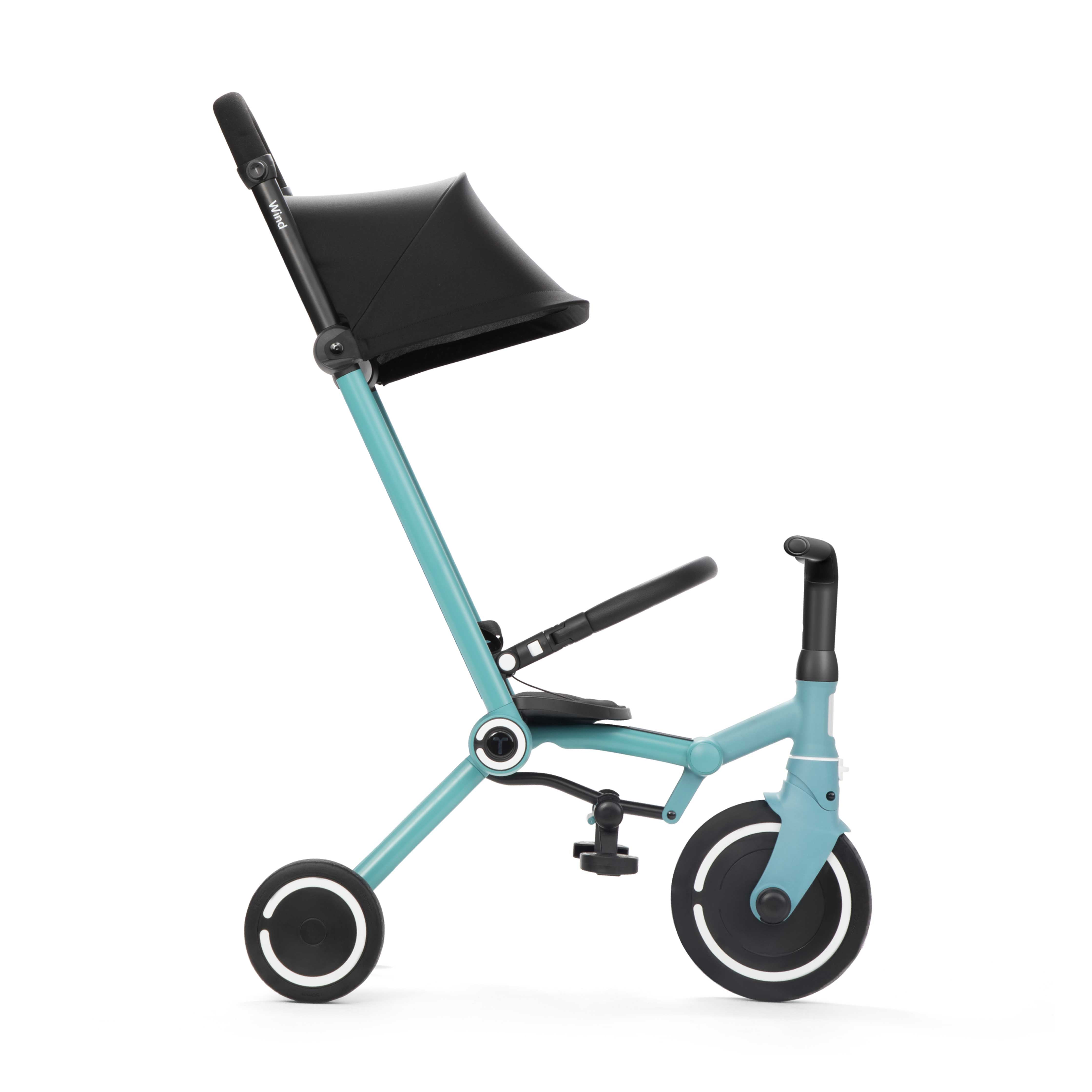 Blauer Dreirad Kinderwagen ohne Sitz in reduzierter Umbauvariante