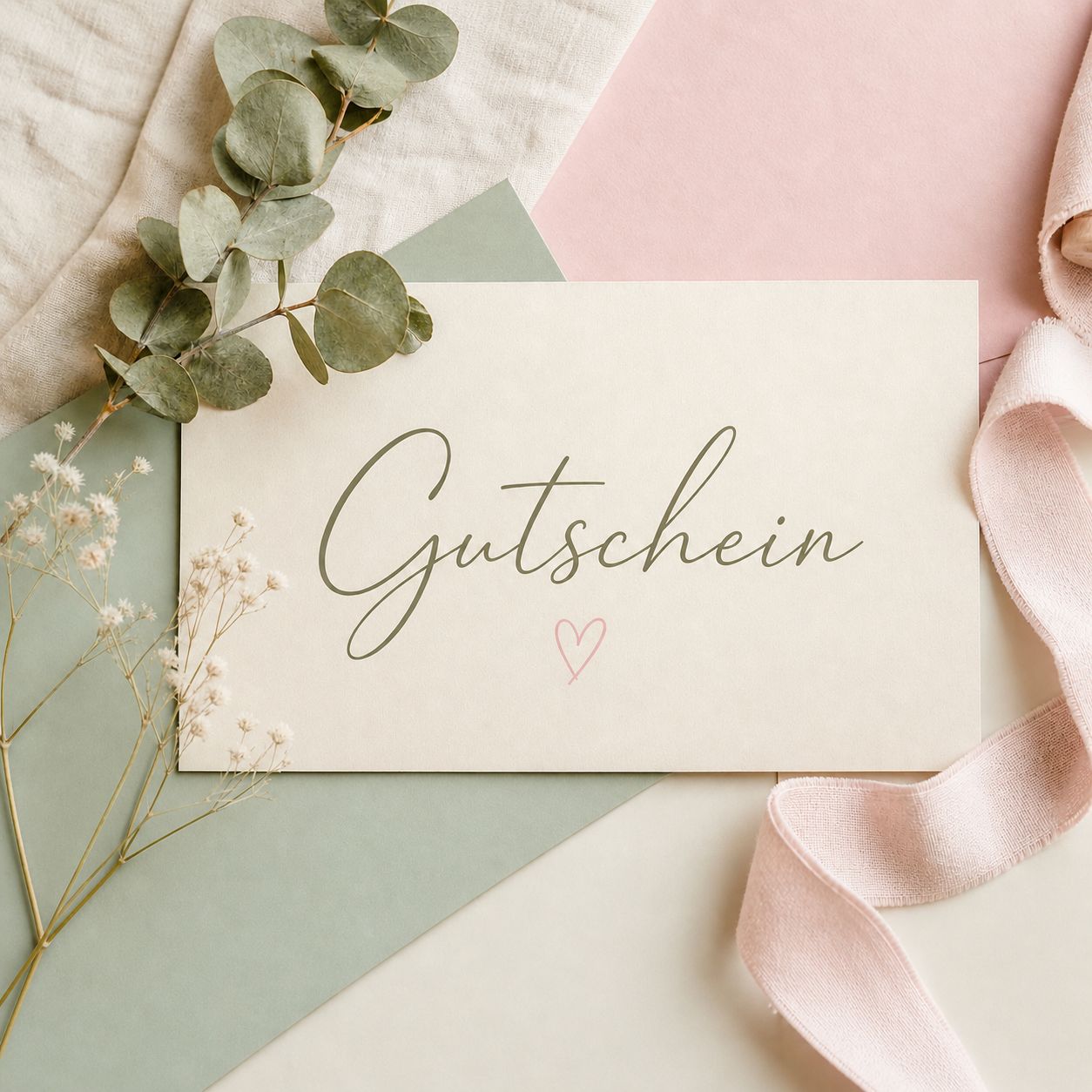 Schmatzepuffer Gutschein – personalisierter Geschenkgutschein online per E-Mail erhältlich, stilvoll gestaltet mit Eukalyptus und Schleifenband
