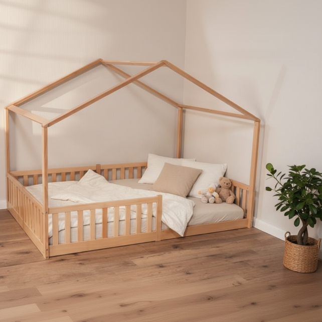 Hausbett 140x200 cm aus Naturholz im Kinderzimmer, Bodenbett im Montessori Stil für gemütliches und sicheres Schlafen