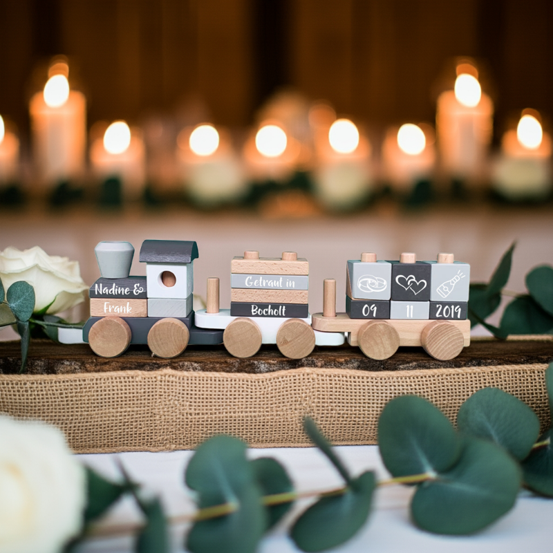 personalisiertes hochzeitsgeschenk holzzug mit namen und datum als symbol fuer gemeinsamen lebensweg und erinnerung zur hochzeit
