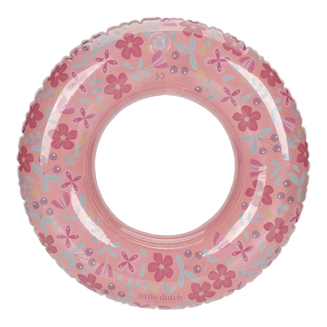 Kinder-Schwimmring Pink Blumen mit 50 cm Durchmesser in der Produktansicht. Der aufblasbare Schwimmring mit floralem Design eignet sich ideal für Pool, Strand, Garten und sommerlichen Wasserspaß.