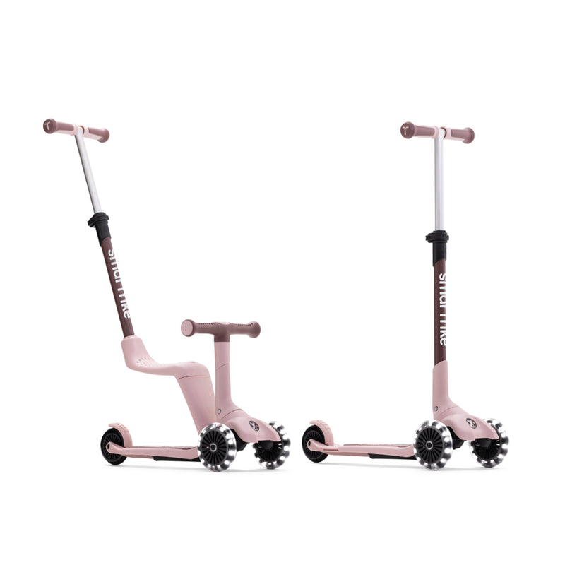 Mitwachsender Kinder Scooter 4 in 1 in Rosa – Ride-on mit Sitz und klassischer Tretroller mit LED-Rädern für Kinder ab 12 Monaten bis 12 Jahre