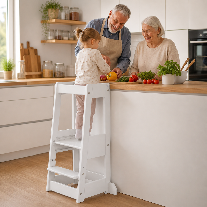 Montessori Lernturm aus Holz mit Sicherheitsbügel für Kinder. Der sichere Küchenhelfer ermöglicht selbstständiges Mithelfen auf Augenhöhe, fördert Motorik, Selbstvertrauen und Lernen nach dem Montessori-Prinzip.