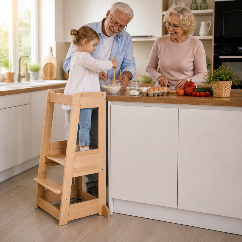 Kind auf Montessori Lernturm aus Holz beim gemeinsamen Backen mit Oma und Opa. Der Lernturm ermöglicht sicheres Mithelfen in der Küche und fördert Selbstständigkeit, Lernen und Familienzeit.