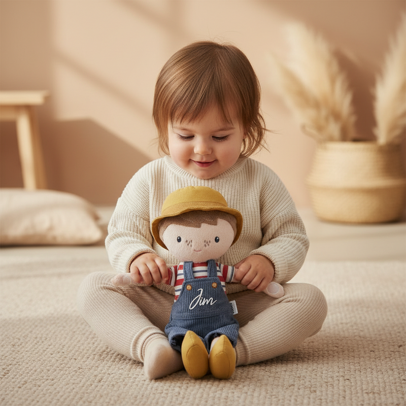 Kleinkind sitzt auf Teppich und hält personalisierte Babypuppe mit Name auf dem Schoß – liebevolles Geschenk für Babys und Kleinkinder