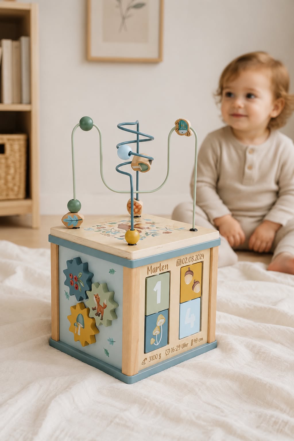 Personalisierter Holz-Aktivitätswürfel mit Namen und Geburtsdaten im hellen Kinderzimmer, hochwertiges Babygeschenk zur Geburt mit natürlicher Lifestyle-Szene.