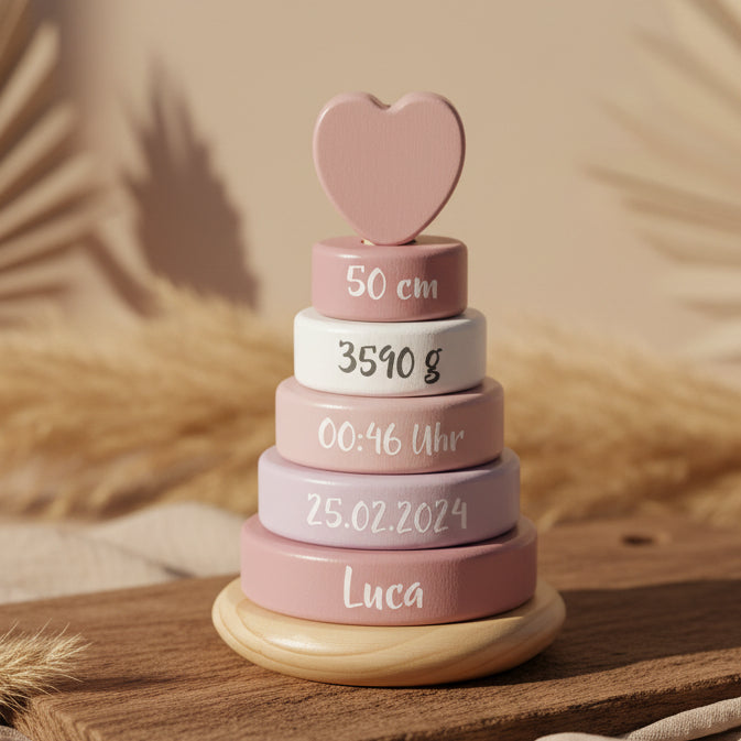 Personalisierter Holz Stapelturm in Rosa mit individuellem Namen zur Foerderung von Motorik, Hand Auge Koordination und spielerischem Lernen