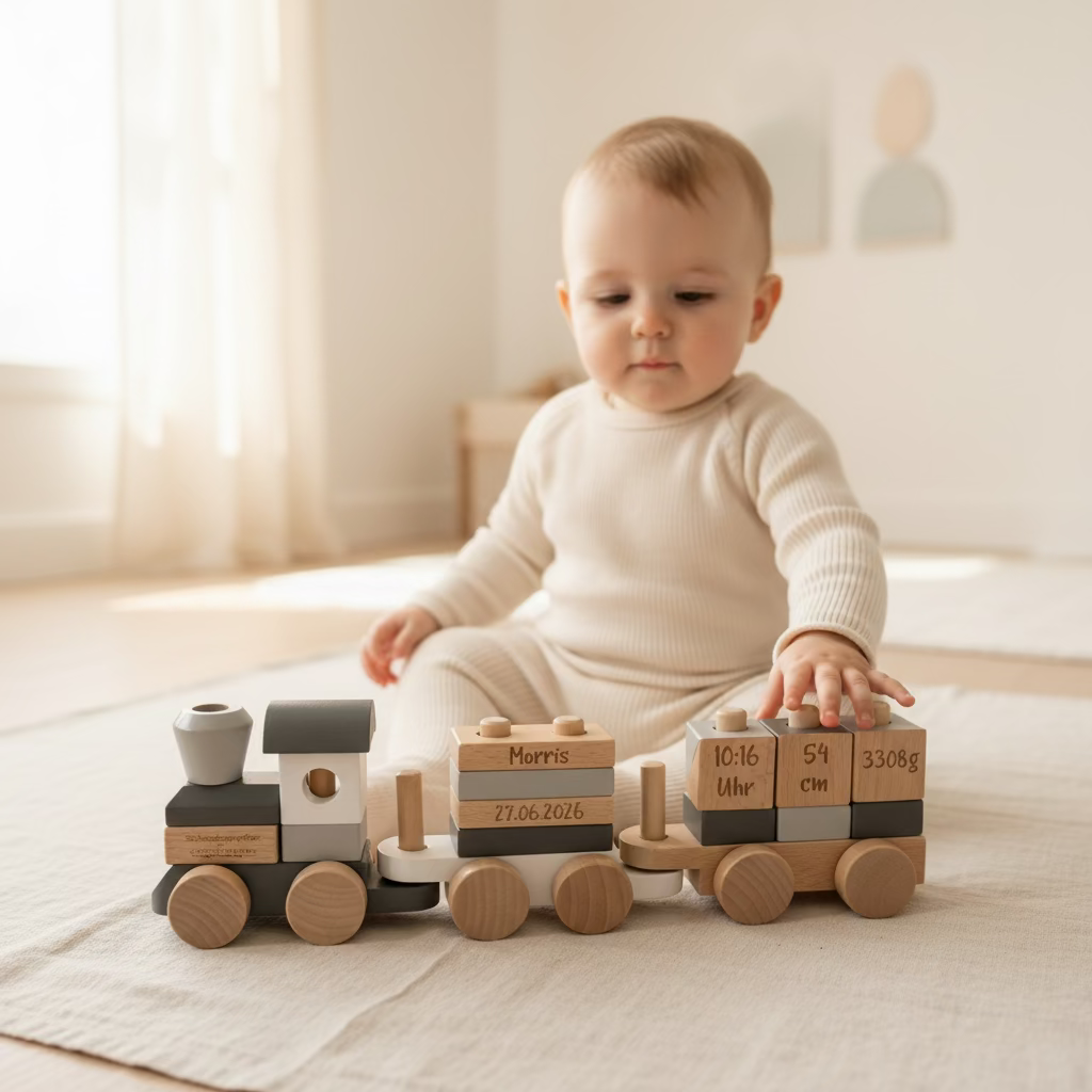Baby spielt mit einem personalisierten Holzzug aus Holz mit Name sowie Geburtsdatum, Uhrzeit, Größe und Gewicht – Geschenk zur Geburt oder Taufe.