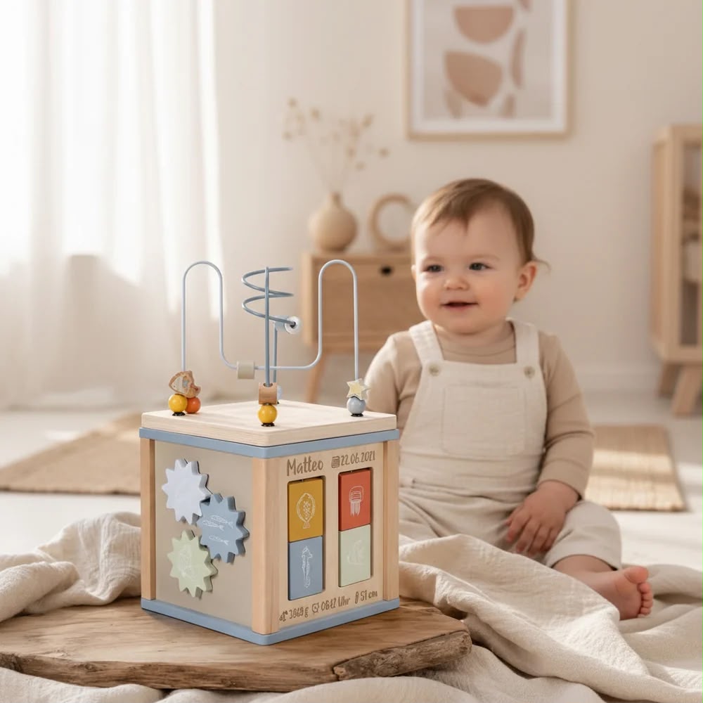 Personalisierter Motorikwürfel aus Holz mit Name, Geburtsdatum, Geburtszeit, Gewicht und Größe als individuelles Geschenk zur Geburt. Hochwertiges Montessori-Holzspielzeug für Babys ab 12 Monaten mit Motorikschleife und Zahnrädern in einer natürlichen Babyzimmer-Umgebung.