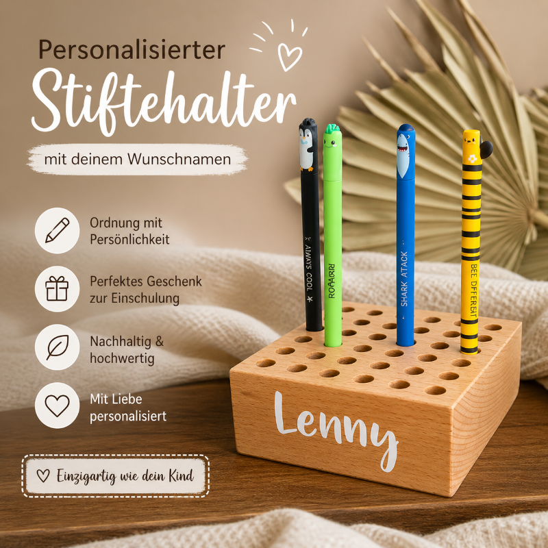 Personalisierter Stiftehalter aus Holz mit weißem Druck und Name – praktischer Schreibtisch Organizer für Kinder, Geschenk zur Einschulung
