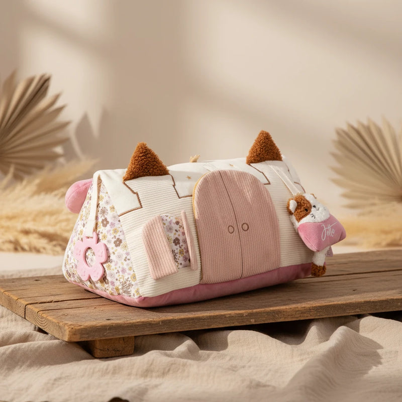 Personalisiertes Aktivitaeten Dreieck mit Blumen Design fuer Babys zur Foerderung von Motorik, Greifen und Entdecken
