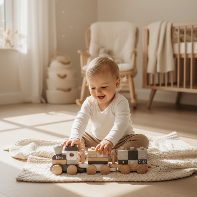 Personalisierter Holzzug zur Taufe mit Name und Datum als Geschenk zur Geburt oder Taufe – Baby spielt mit Holzspielzeug im Kinderzimmer