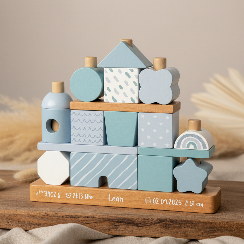 Personalisiertes Holz Stapelhaus in Blau mit individuellem Namen zur Foerderung von Motorik, Kreativitaet und spielerischem Lernen