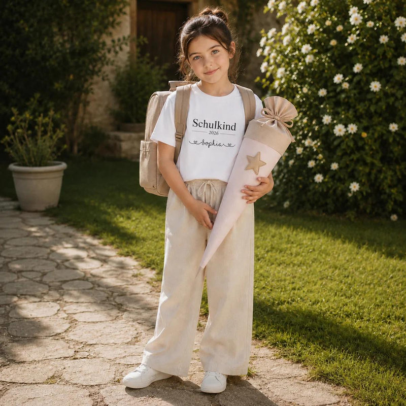 Mädchen trägt personalisiertes Schulkind T-Shirt 2026 mit Namen Sophia und Schultüte im Garten