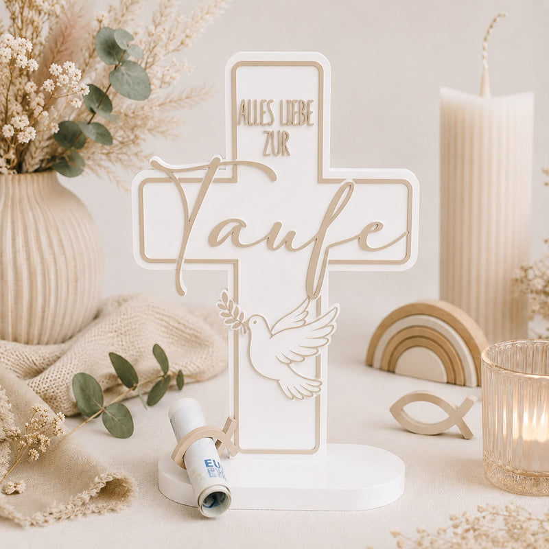 Personalisiertes Taufkreuz in Beige mit Taube und Namensschriftzug als Geschenk zur Taufe