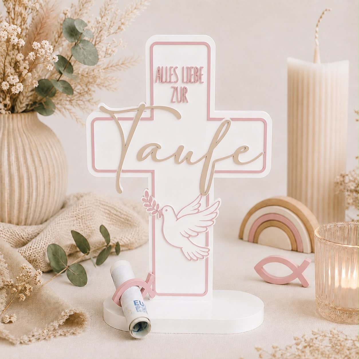 Personalisiertes Taufkreuz in Rosa mit Namen und Tauben Motiv als Geldgeschenk zur Taufe