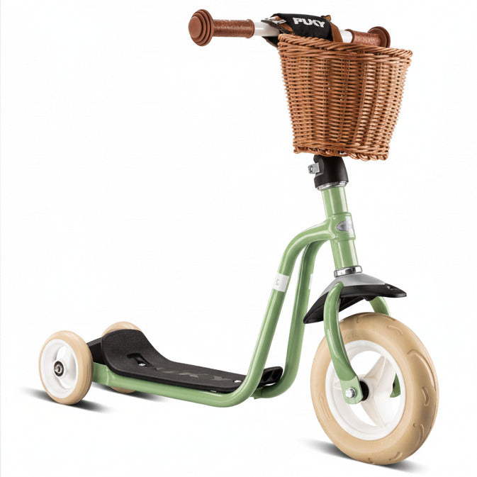Kinderroller in Retro Grün mit Korb – stabiler Roller für Kinder im klassischen Laufrad Stil