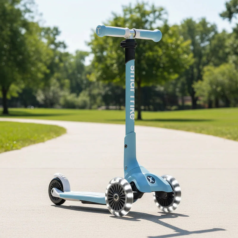 SmarTrike Xtend Scooter in Hellblau mit LED-Rädern auf einem sonnigen Weg im Park – moderner mitwachsender Kinderroller für Kinder
