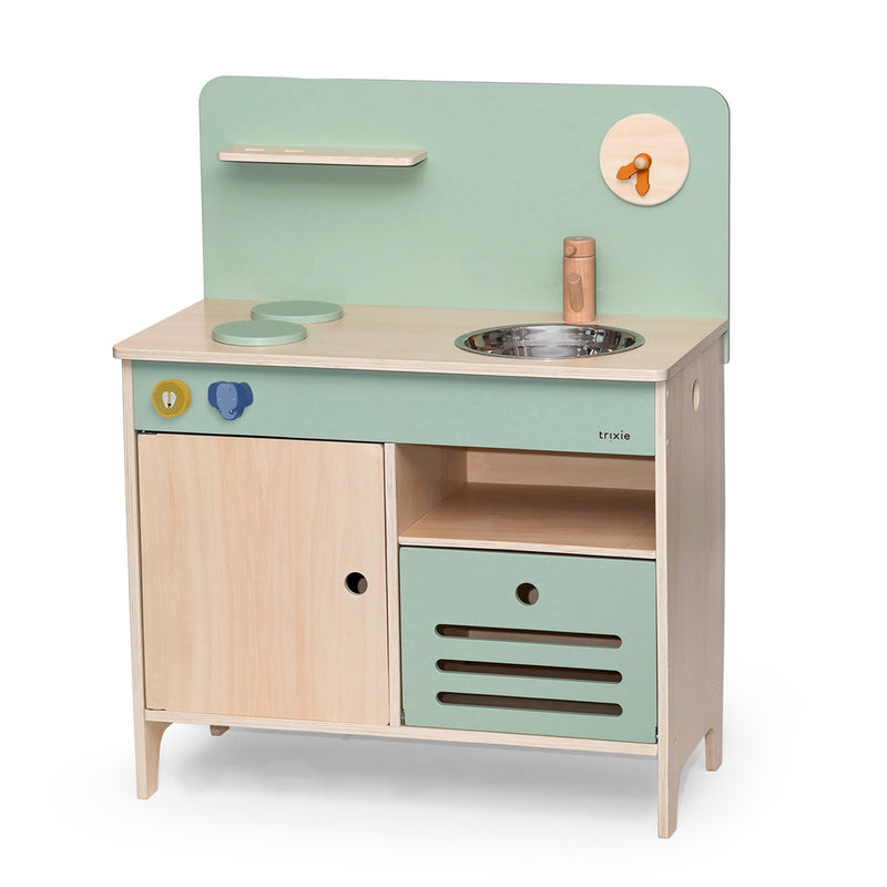 Spielküche aus Holz für Kinder in Mintgrün und Naturholz mit Herd, Spüle und Stauraum für kreative Rollenspiele im Kinderzimmer.