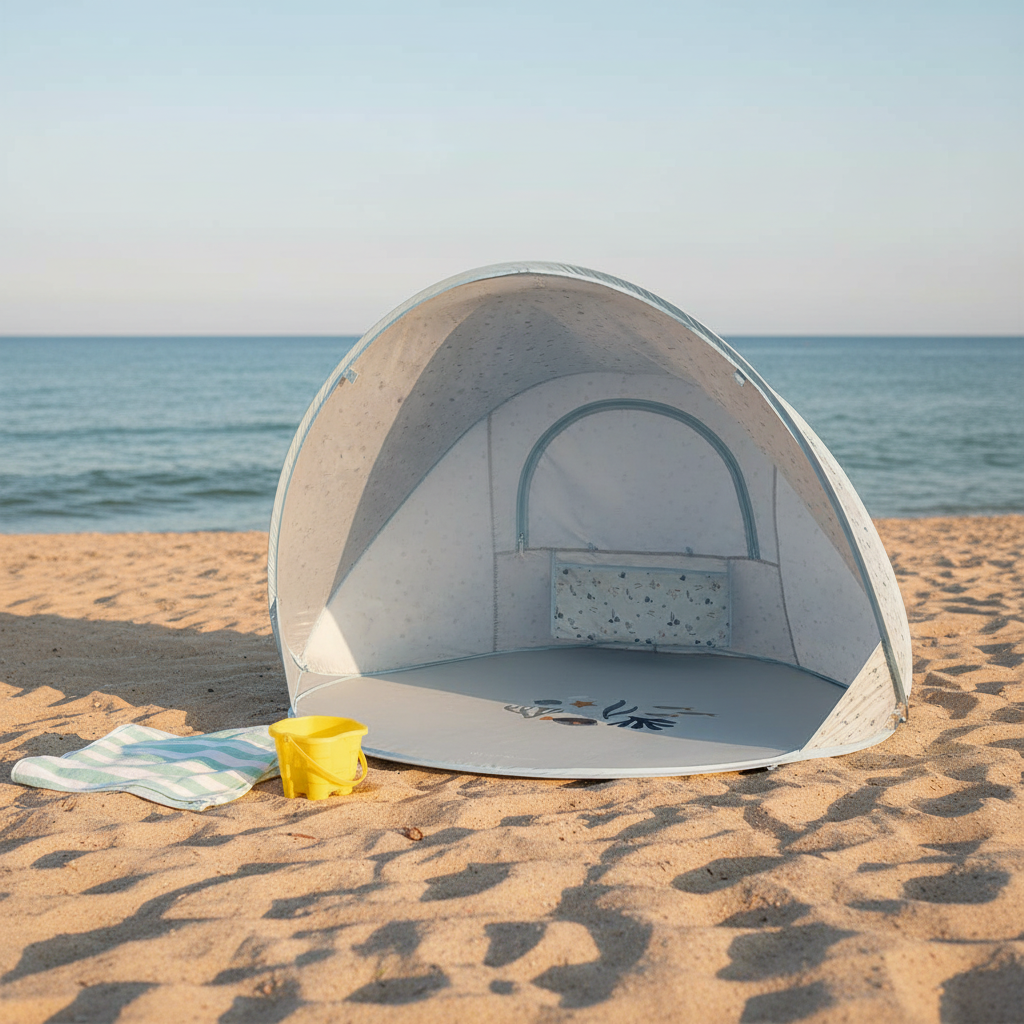 Blaue Strandmuschel für Babys und Kinder am Strand mit Meer im Hintergrund – UV Schutz Pop Up Strandzelt für sicheren Schatten ohne direkte Sonne