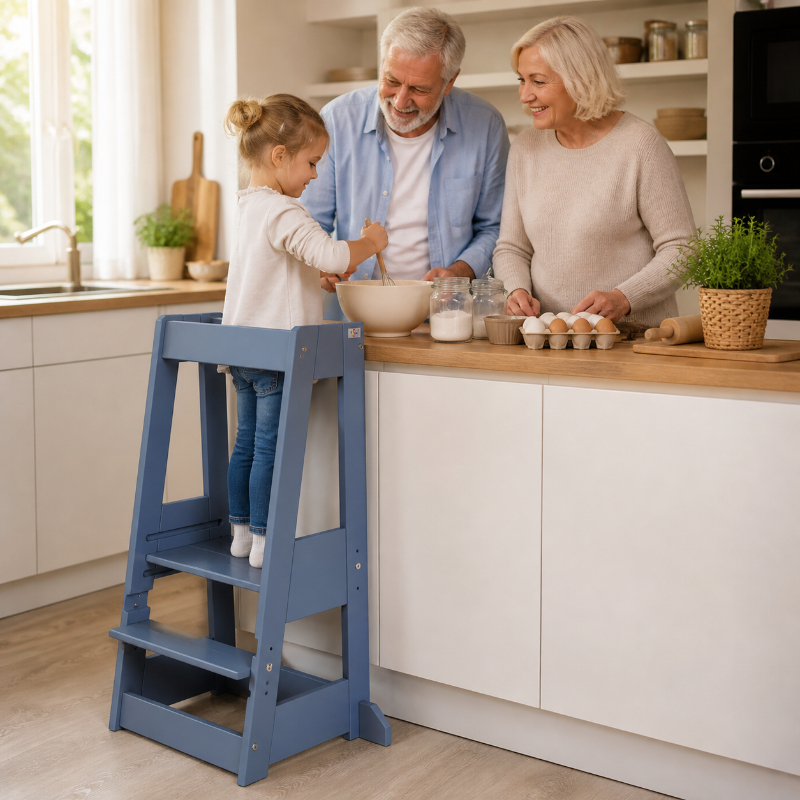 Blauer tiSsi Lernturm Felix mit Maßen 40 x 91 x 45 cm als mitwachsender Kinder-Lernturm für Küche, Bad und Alltag