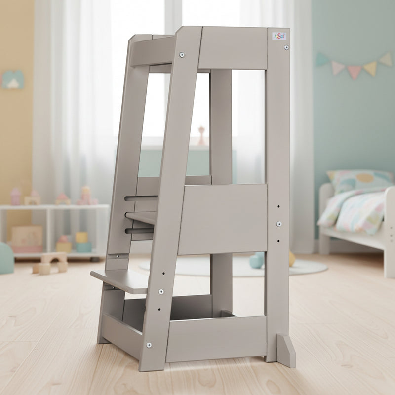 tiSsi Lernturm Felix in Cashmere im Kinderzimmer als mitwachsender Kinder-Lernturm für mehr Selbstständigkeit im Alltag