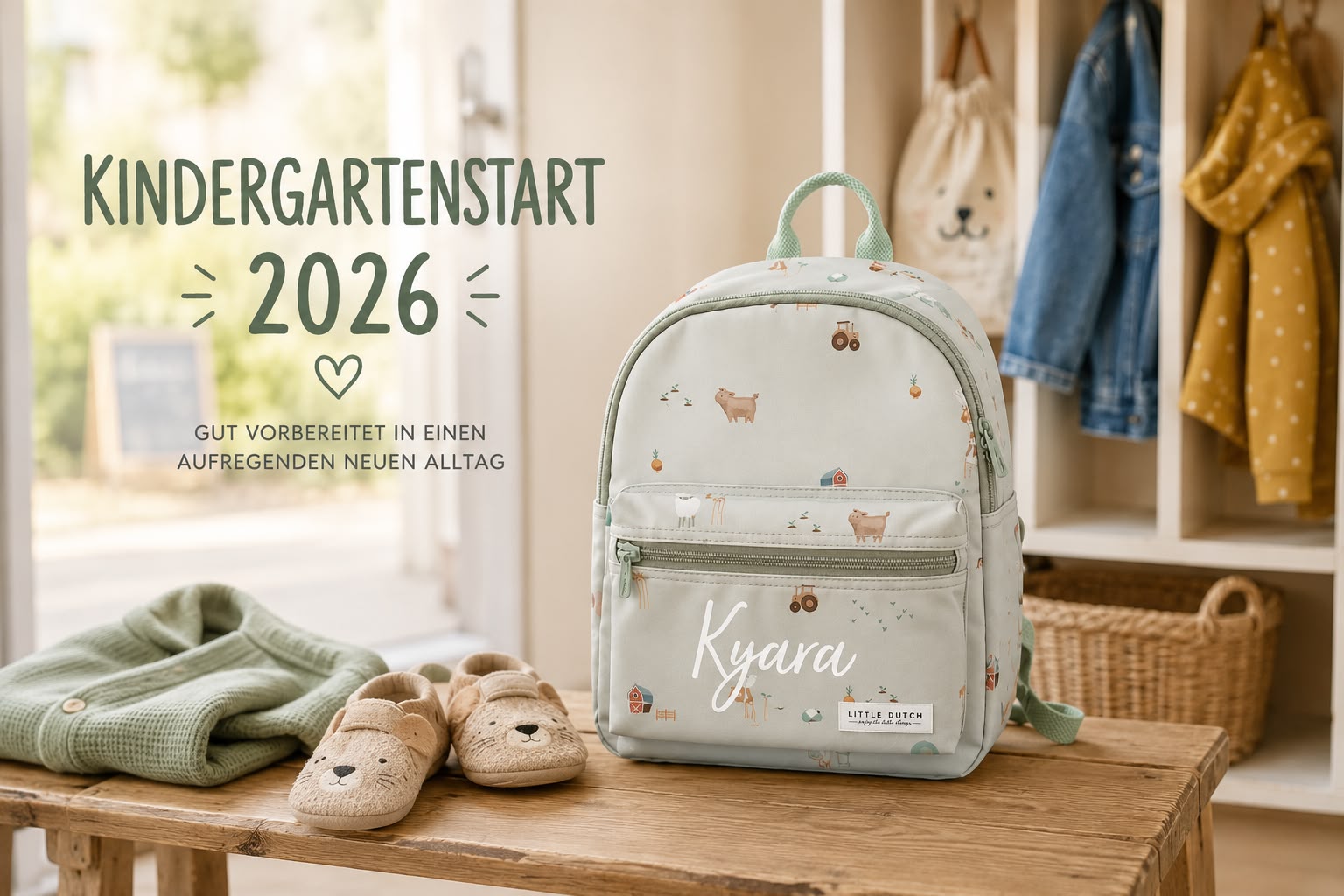Personalisierter Kindergartenrucksack als Symbolbild für den Kindergartenstart 2026 in einer freundlichen Garderobe mit Kinderkleidung und Hausschuhen.