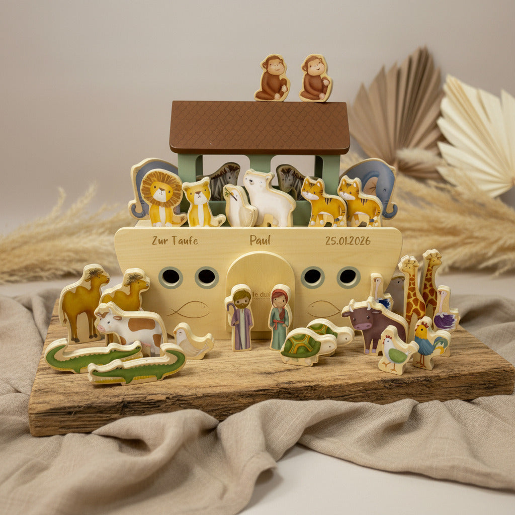 Personalisierte Arche Noah aus Holz – Geschenk zur Geburt & Taufe