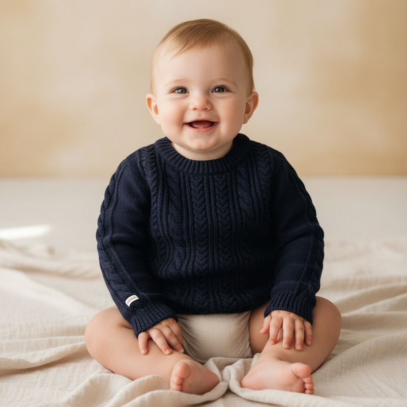 Pull en maille bleu marine, taille 62-68 | Leevje