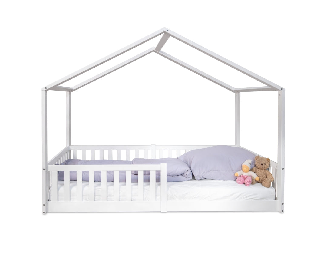 Lit de sol / Lit cabane ENNO 90x200 cm hêtre blanc avec toit opt. | tiSsi®