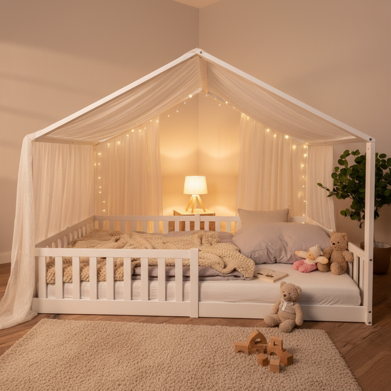 Gemütliches Hausbett 140x200 cm im Kinderzimmer mit Stoffdach, warmem Licht und kuscheliger Einrichtung im Montessori Stil