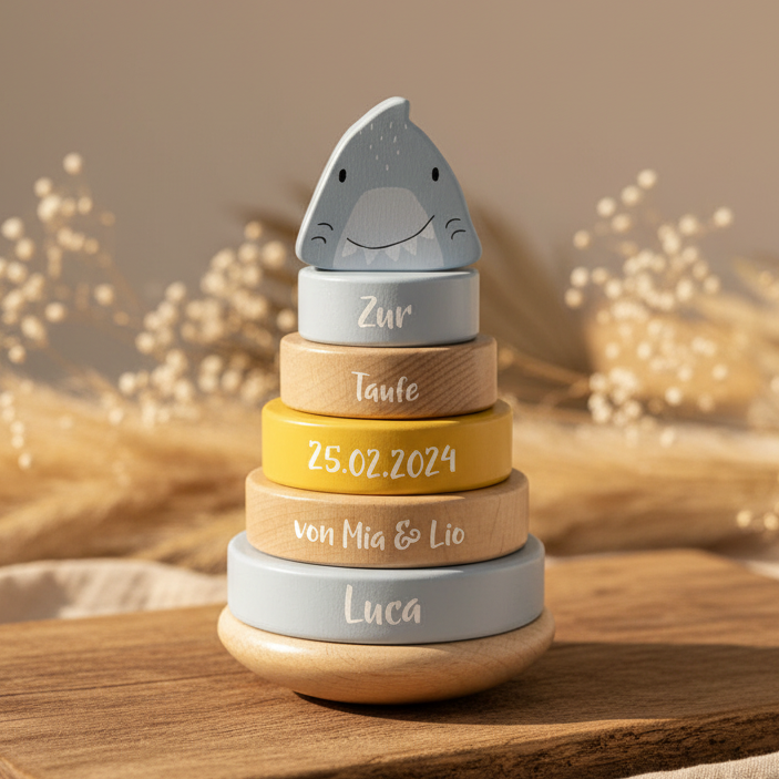 Tour d'empilement en bois Monsieur Requin – Cadeau de baptême | Schmatzepuffer