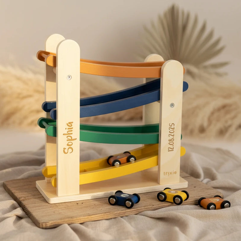 Circuit de billes en bois avec 4 voitures – Jouet de motricité pour enfants | Schmatzepuffer
