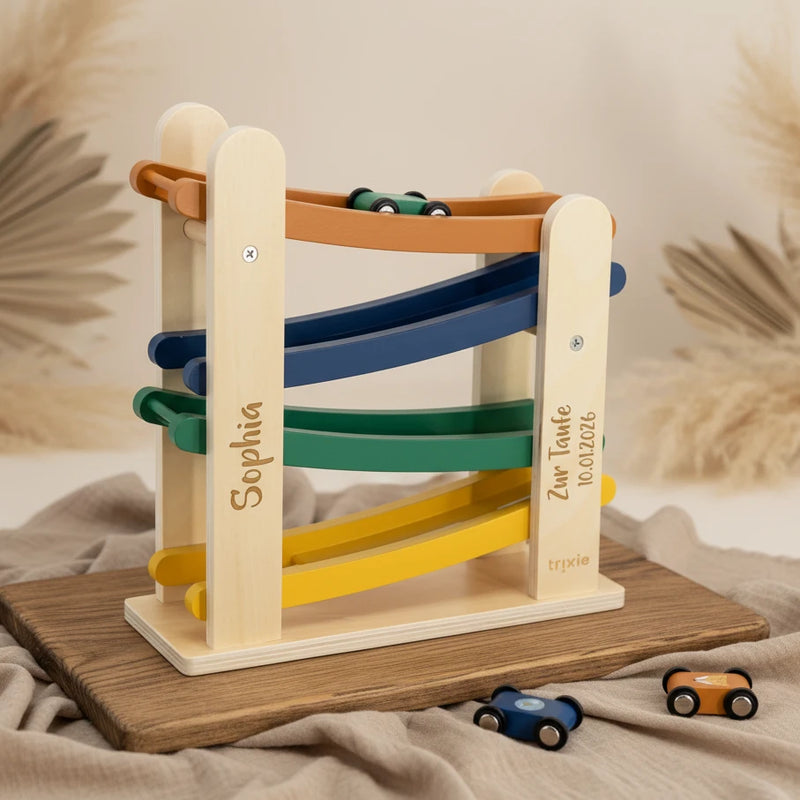 Circuit de billes en bois avec 4 voitures – Cadeau de baptême | Schmatzepuffer