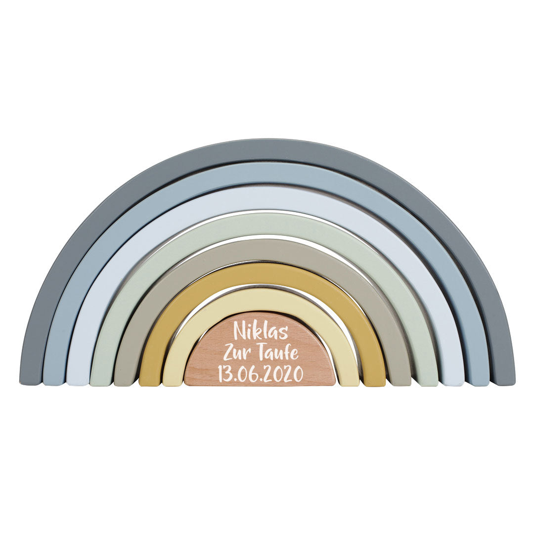 Tour de pile arc-en-ciel bleue personnalisée pour baptême – Cadeau en bois | Schmatzepuffer