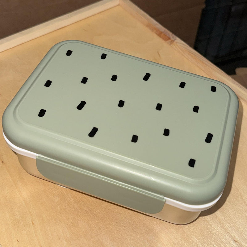 Edelstahl Lunchbox Happy Printy Olive als B Ware mit nachhaltigem zweitem Leben fuer Kinder und unterwegs